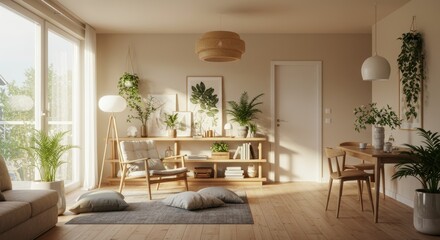 Elegant minimalist living room filled with plants and natural light creating a cozy and inviting atmosphere