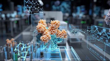 Synthesis protein. Molecular biology. Genetic code. Ribosome. Amino acid biosynthesis. 3D molecular model displayed in a futuristic lab environment. - Powered by Adobe