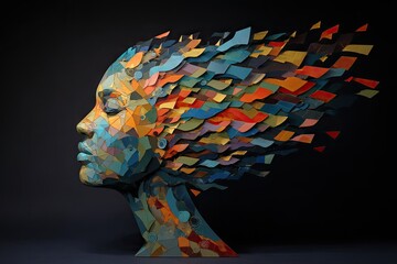 Colorful, fragmented bust of a woman, hair flowing like vibrant, abstract shards