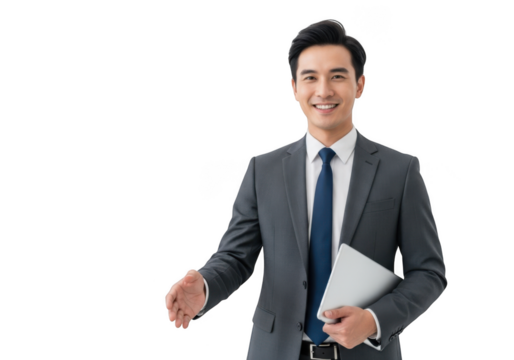 Smiling asian businessman in suit offering handshake with laptop stock photo png image for design resources and mockups isolated on transparent background