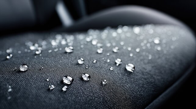 Tailored waterproof seat cover in focus showcasing water resistance with droplets sliding off background softly blurred.