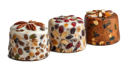 Traditional holiday fruitcakes decorated with nuts, candied fruits, and icing isolated on a white background