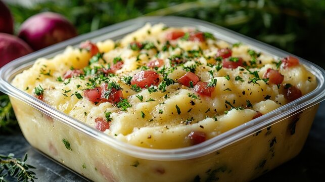 Creamy Mashed Potatoes with Crispy Bacon and Fresh Herbs in a Clear Plastic Container, Ready-to-Eat Comfort Food Side Dish