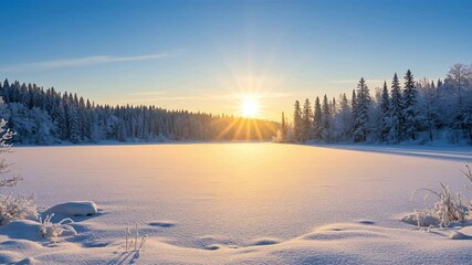 A snowcovered field stretches to a tree line with the sun shining brightly in a light blue sky - Powered by Adobe