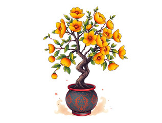 Refined Yellow Apricot Blossoms in Traditional Vase