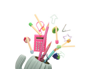 Holder with different stationery flying on white background