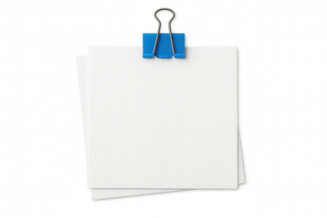 White paper sheets fastened by blue binder clip, positioned against transparent background, providing clean workspace for graphic design or creative content
