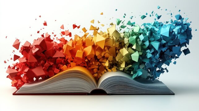 Colorful geometric forms and abstract shapes burst from an open book, symbolizing knowledge, creativity, and the flow of information on a white background