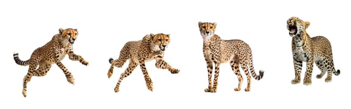 Collection of Cheetah drinking A cheetah bends down to drink from a water source, body low and tail curled. full length isolate on transparent background