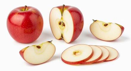 Ripe Red Apples A Whole Apple, Halved, and Sliced on a White Background, Showcasing Their Vibrant Color and Freshness