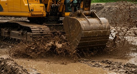 Fototapeta premium Heavy Machinery Backhoe Excavating Mud Splashes in Industrial Site