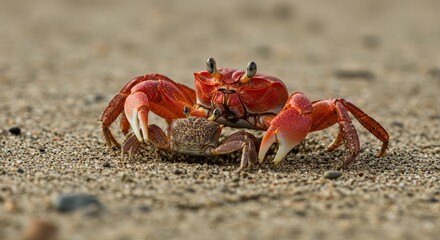 Protective red crab confronting a smaller crab in natural habitat