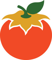 Bright Colored Persimmon Illustration with Golden Calyx and Green Leaf Isolated on White