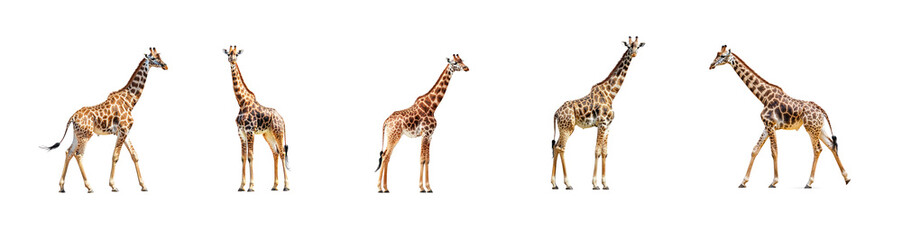 Naklejka premium Collection of Giraffe stretching A giraffe stretches its neck forward or backward, reaching the ground with its front legs. full length isolate on transparent background