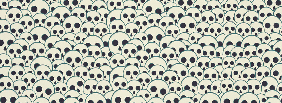A seamless pattern of skulls in a flat style against a light-colored background. The design is minimalist and macabre, perfect for Halloween or other spooky themes.