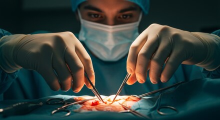 Close-up of a surgeon performing an operation with surgical instruments on a patient in the operating room