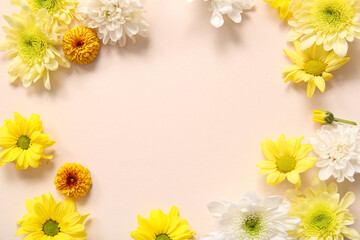 Obraz premium Frame made of beautiful chrysanthemum flowers on pink background