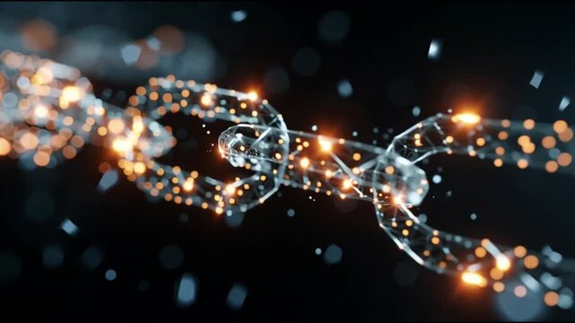 Synthesis protein. Molecular biology. Genetic code. Ribosome. Amino acid biosynthesis. A glowing digital chain link against a dark background.