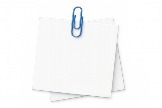 White paper sheets fastened by blue paperclip, highlighting minimalist design against transparent backdrop for professional document or stationery concept