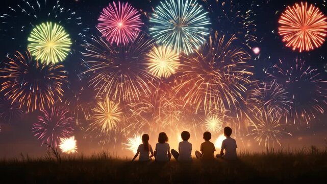 Joyful children watching dazzling fireworks explode in the night sky during a vibrant diwali deepavali festival of lights celebration