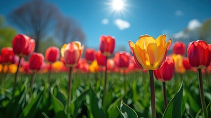 Fototapeta premium Vibrant Yellow Tulip in Focus Amidst Red Tulips, Under Bright Sunny Blue Sky in Spring Garden