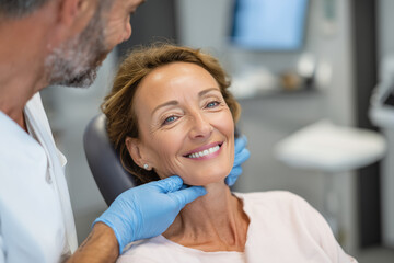 Fototapeta premium Doctor examining mature woman's face skin in clinic