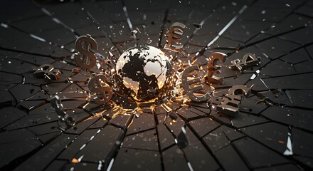 Global Currency Symbols Exploding from Shattered Earth Amidst Economic Crisis
