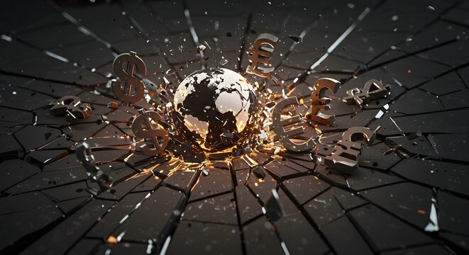 Global Currency Symbols Exploding from Shattered Earth Amidst Economic Crisis