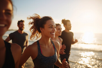 Group of young people running on the beach at sunset