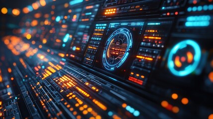 Fototapeta premium Futuristic Control Panel with Glowing and Blue Digital Displays and Abstract Data Interfaces