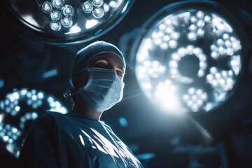 A surgeon standing under bright operating lights preparing instruments The mood feels tense and precise, Generative AI
