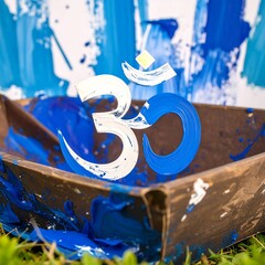 Om Symbol Painted Blue and White on a Tray with Abstract Background.