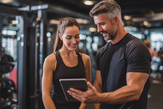 Personal trainer showing digital tablet to woman in gym - Powered by Adobe