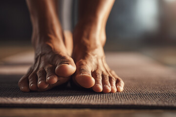 Close up of feet standing on yoga mat during exercise
