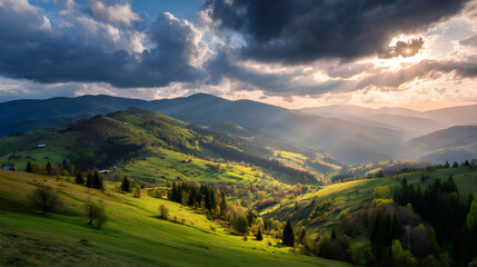 Green hilltop landscape under dramatic cloudy sunset sky with golden light breaking through, pastoral scenery --ar 16:9