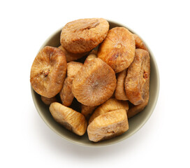 Bowl with sweet dried figs on white background