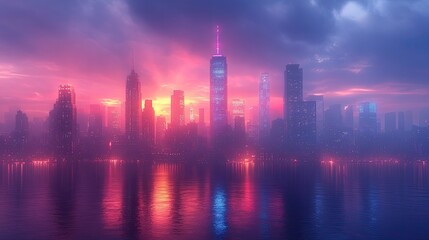 Fototapeta premium Vibrant Neon Cityscape at Twilight with Pink and Purple Sky and Water Reflections