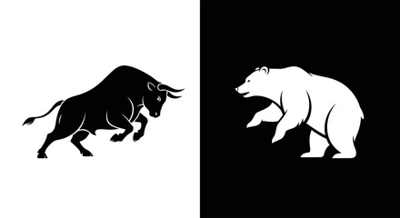 A silhouette of a bull and a bear, a classic black and white icon symbolizing the stock market's bullish and bearish trends.