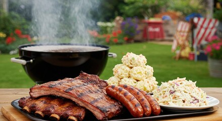 Delicious BBQ Ribs and Sausages with Potato Salad and Coleslaw