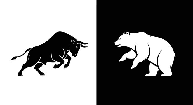 A silhouette of a bull and a bear, a classic black and white icon symbolizing the stock market's bullish and bearish trends.