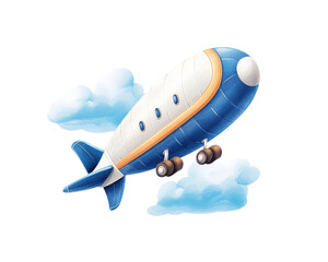 Cartoon-style airship soaring through fluffy clouds