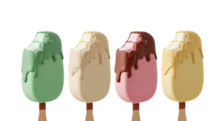 Four colorful ice cream popsicles isolated on transparent background