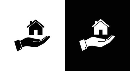 An outline style of a hand holding a house, a modern icon for real estate agencies, mortgage lenders, and property websites.