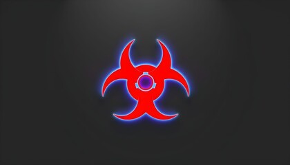 Glowing biohazard symbol, red and purple, dark background.
