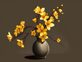 Refined Yellow Apricot Blossoms in Traditional Vase