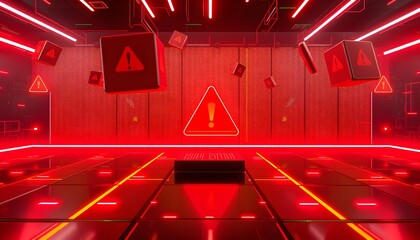 Red neon-lit room with falling warning cubes and a large central warning sign.