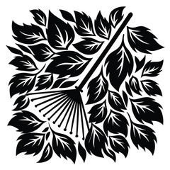 Elegant black and white design featuring a rake nestled amongst leaves and foliage