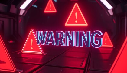 A futuristic, illuminated corridor displaying the word "WARNING" with multiple alert symbols.