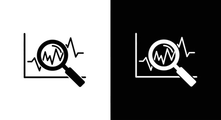A magnifying glass over a volatile line graph, a black and white icon symbolizing stock market analysis and financial forecasting.