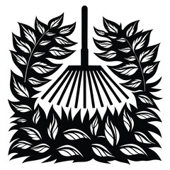 Stylized black and white vector image of a rake in fall leaves